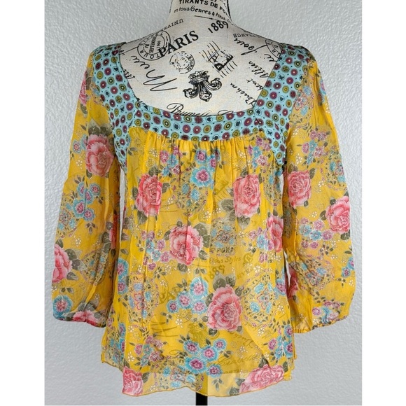 Anthropologie Anna Sui Yellow Floral Print Boho Silk Blouse, size Medium - Picture 5 of 8